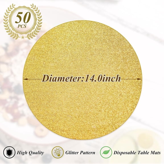 PYAN-50 Pieces Gold Glitter Paper Place Mats Sparkle 14'' Round Disposable Table Mats Golden Sequin Doilies Decorative Placemats for Wedding Banquet Party Home Dining Tableware