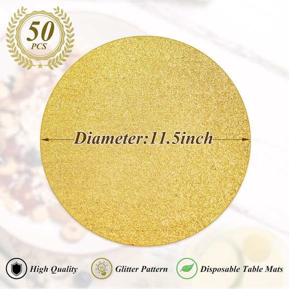 PYAN-50 Pieces Gold Glitter Paper Place Mats Sparkle Round Disposable Table Mats Golden Sequin Doilies Decorative Placemats for Wedding Banquet Party Home Dining Tableware