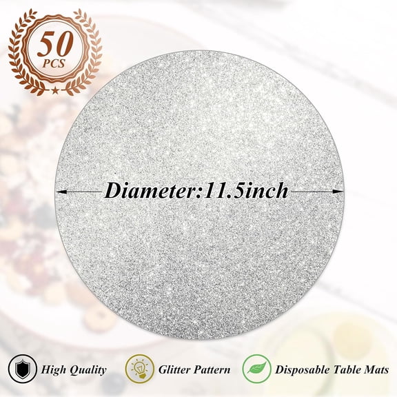 PYAN-50 Pieces Silver Glitter Paper Place Mats Sparkle Round Disposable Table Mats Silver Sequin Doilies Decorative Placemats for Wedding Banquet Party Home Dining Tableware