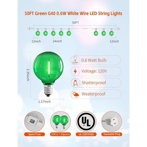 PYAN-50Ft Outdoor String Lights Green Glow White Wire - Waterproof G40 LED Globe Patio Lights for St. Patrick's Day, Christmas, Garden Fence - 25 Shatterproof Bulbs, Connectable