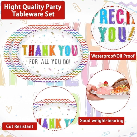 PYAN-50Pcs Thank You Oval Paper Plates 10" x 12" Large We Appreciate You Paper Platters Teacher Appreciate Dessert Plates for Valentines Day Volunteer Employee Teacher Doctor Appreciation Party Deco