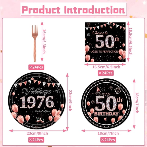PYAN-50th Birthday Party Tableware, 96PCS Vintage 50th 1976 Birthday Decorations for Women Her, Rose Gold 50 Years Old Paper Plates Forks Napkins Dinnerware Supplies
