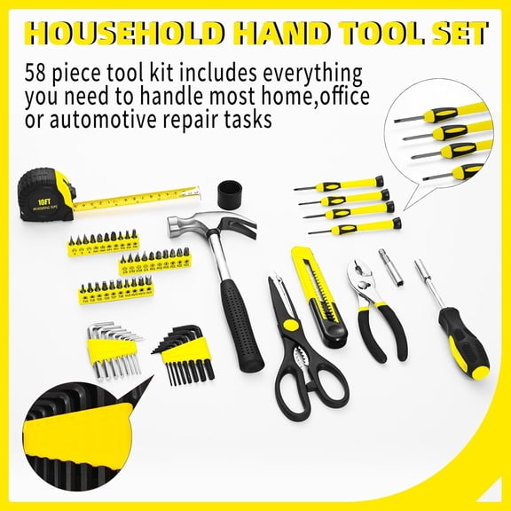 PYAN-58-Piece Tool Kit Basic Home Repair Tool Set, General Household Hand Tool Kit,Small Tool Kit with Plastic Toolbox Mini Tool kit for Women, Office & College Repairs Yellow