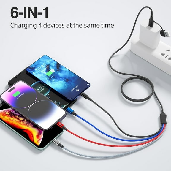 PYAN-6 in 1 Multi Charging Cable, Multi Charger Cable [2 Pack 6FT], Braided Multi Fast Charging Cord Multiple Charging Cable USB A/C Connector with IP/Type C/Micro USB Ports for Cell Phone Tablets