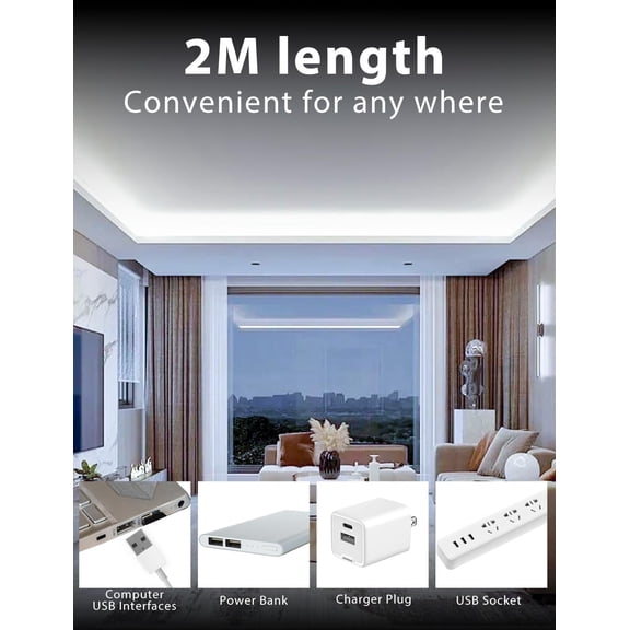 PYAN-6.56ft White LED Strip Light, 6500K Ultra Bright USB-Powered Tape Light, Flexible Cuttable Design with 120 LEDs for Bedroom, Kitchen, Mirror, Home Decoration