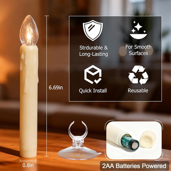 PYAN-6.7Inches LED Window Candles Sensor Dusk to Dawn with Suction Cups, 6PCS Battery Operated Flameless Taper Candles Flickering with Drip Texture, LED Vintage Light Bulb, Christmas Home Decor
