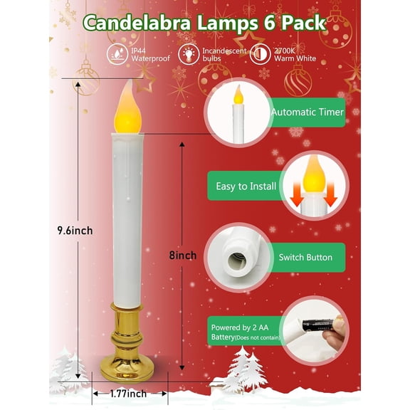 PYAN-6 Pack Christmas Window Candles Lights, Electric LED Candles Light with Timer (6 On/18 Off), Bright Warm White C26 3V LED Bulbs for Christmas, Wedding, Home Decor, Electroplated Gold Base