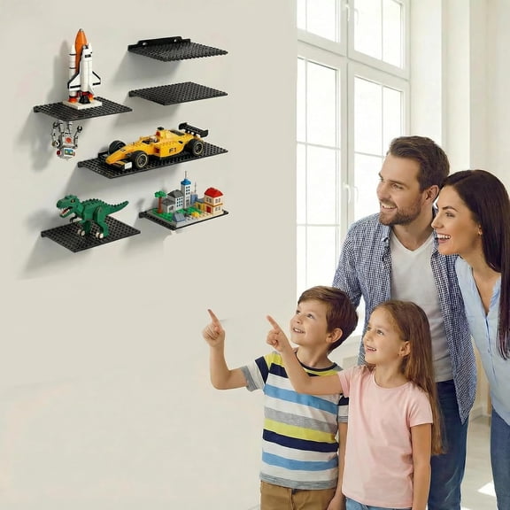 PYAN-6 Pack Floating Shelves Wall Organizer for Lego Building Bricks,16x13 Studs for Display and Protect Completed Legos Projects, Dual-Sided Display Shelves for Room Decor,Black