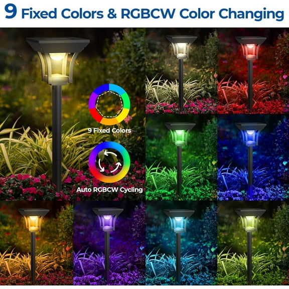 PYAN-6 Pack RGBCW Solar Pathway Outdoor Lights, 3 Lighting Modes Solar LED Garden Light, IP65 Waterproof Outside Solar Powered Landscape Lighting for Patio Walkway Yard Driveway RGB/Warm/Cold White