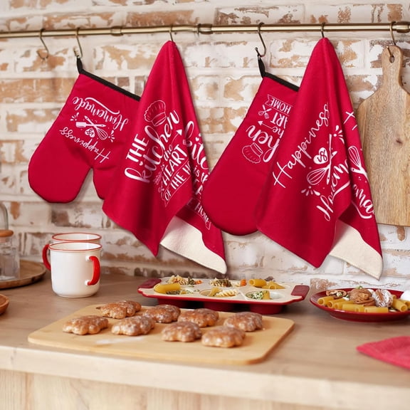PYAN-6 Pcs Kitchen Decor Accessories Set Farmhouse Towels Pot Holders Oven Mitts Set 2 Dish Towels 2 Potholders 2 Cooking Mittens Oven Glove for Christmas Baking Cooking Supply(Red,Kitchen)