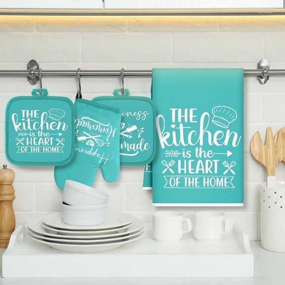 PYAN-6 Pcs Kitchen Decor Accessories Set Farmhouse Towels Pot Holders Oven Mitts Set 2 Dish Towels 2 Potholders 2 Cooking Mittens Oven Glove for Christmas Baking Cooking Supply(Light Teal,Kitchen)