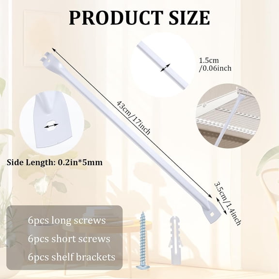 PYAN-6 Pcs Support Brackets for Wire Shelving, 17 inches Closet Wire Shelf Brackets with Anchors and Pins for Installation