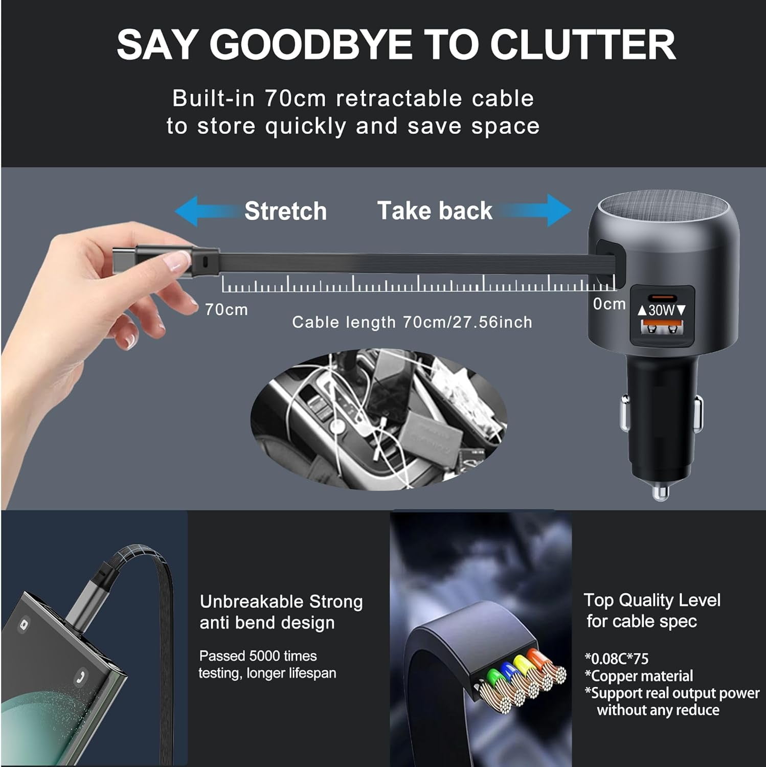 5000 cigarette adapter PYAN-60W Retractable Car Charger, 3-in-1 USB-C Fast Charging Cigarette  Lighter Adapter with Built-in Retractable Cable, Compatible with iPhone  16/15 Pro Max, Galaxy S25, iPad(Black)
