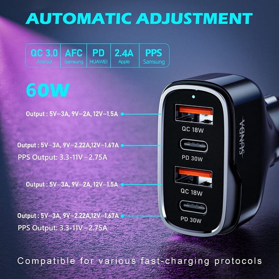 PYAN-60W USB C Fast Car Charger | 4-Ports Car Charger Adapter | Dual Type C PD30W/PPS30W Compatible with iPhone17/16 Pro/Max/iPhone15/Galaxy/SamsungS25 | Dual USB-A 18W QC3.0 for Android(Black)