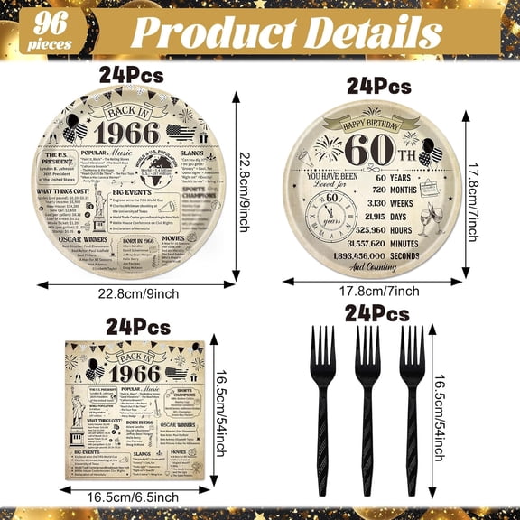 PYAN-60th Birthday Decorations for Men Women, Vintage 96PCS Back in 1966 60th Party Plates Napkins and Forks Tableware, Disposable Cheers to 60 Years Dinnerware Supplies 24 Guests