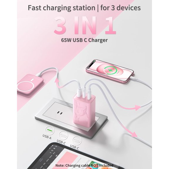 PYAN-65W GaN Fast Charger Block, 3-Port Wall Charger,USB Charger Block Multiple Ports Compatible with iPhone 16/15 Series, Galaxy S25/S24 Ultra, and Travel Charger for Multiple Devices(Pink)