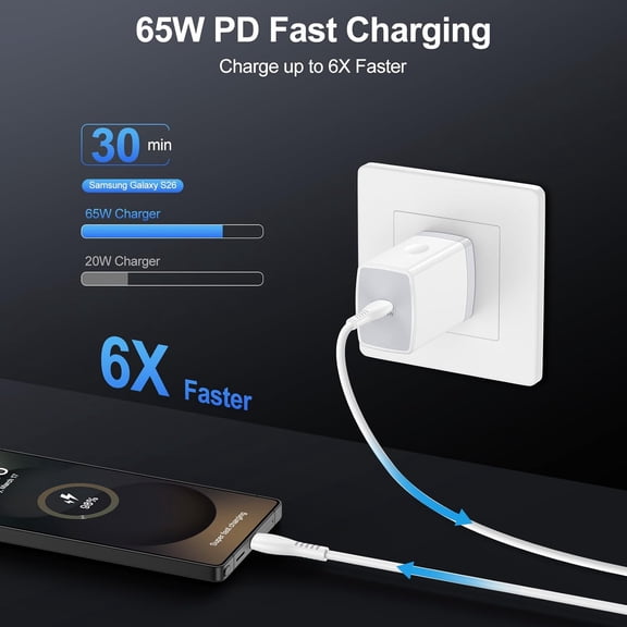 PYAN-65W Super Fast Charger Type C Fast Charging Block for Samsung Galaxy S26 Ultra/S26/S26 Plus/S25 FE Edge/S24/Z Flip 7/A36/A17/A16,PD 3.0 USB C Cube Box Plug Adapter with 6FT Android Type C Cable