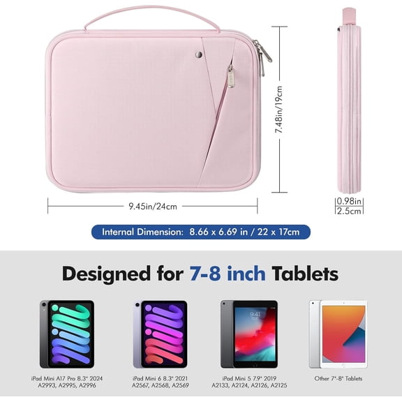 PYAN-7-8 Inch Tablet Sleeve Carrying Case with Handle, Padded Protective Travel Bag for iPad Mini A17 Pro/6th 8.3'', iPad Mini 5/4/3/2th 7.9", Pink