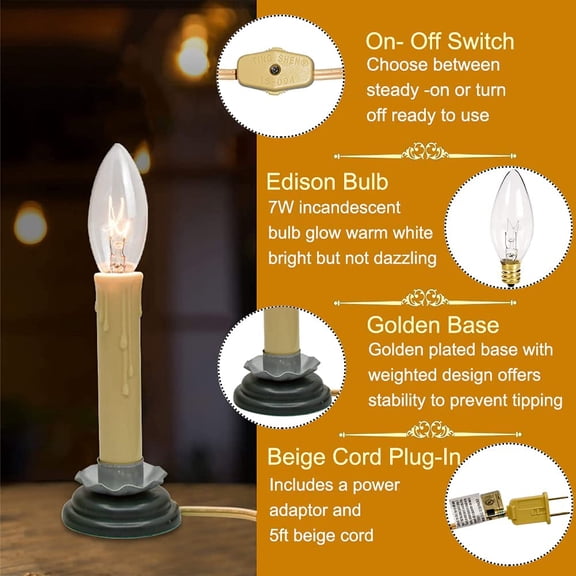 PYAN-7 Inch Electric Window Candles, Plug in Christmas Window Candle Lamp with Black Plum Iron Base and 7W Bulb, Electric Window Candle Lights with On/Off Switch for Home Table Holiday Xmas Decor- 4