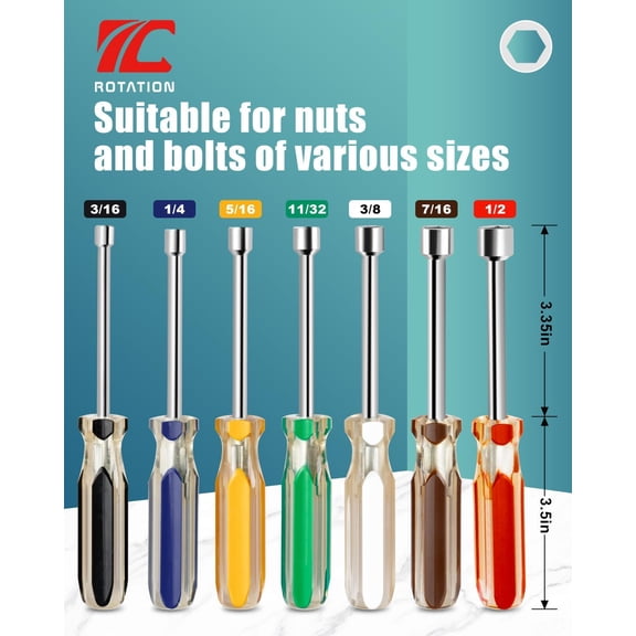 PYAN-7pc SAE Nut Driver Set 5/16" to 1/4" - Chrome Vanadium Steel, Comfort Grip for Automotive & Electrical Repair