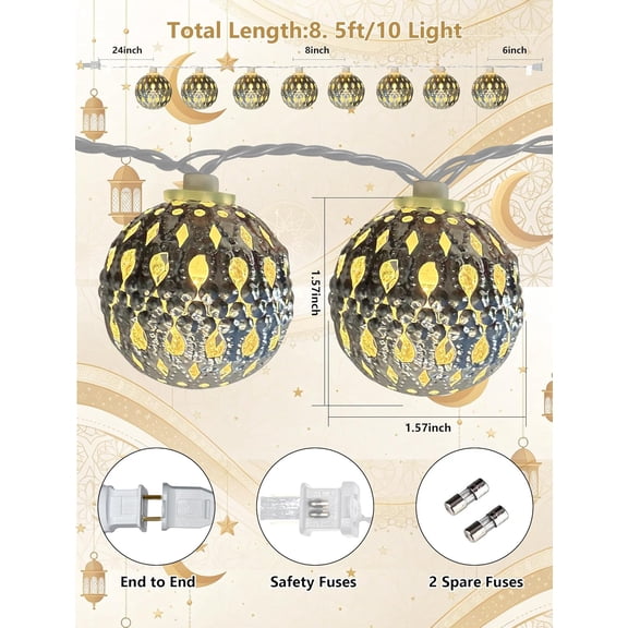 PYAN-8.5Ft Moroccan String Lights, Plug in Ramadan Decorative String Ligths Indoor with 10 LED Silver Metal Ball Bulbs, Hanging Globe Fairy Lights for Home, Party, Diwali and Eid Mubarak Decor, Warm
