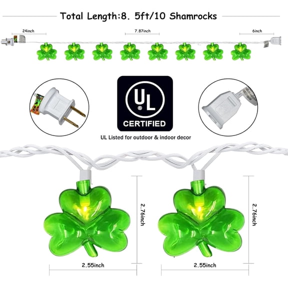 PYAN-8.5Ft St Patricks Day Lights, 10 LED Clear Green 3D Shamrock Lights Plug in, Connectable St Patrick's Day String Lights Shamrock, St Patricks Day Outdoor Lights for Home Party Decor