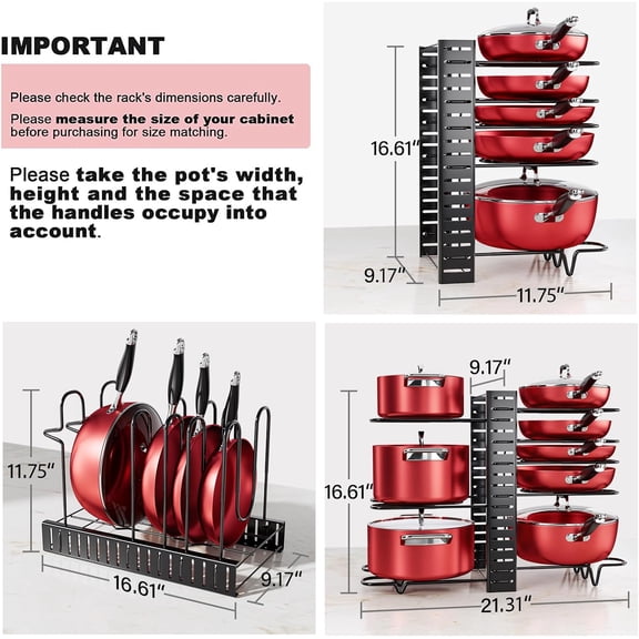 PYAN-8-Tier Pots and Pans Organizer under Cabinet, 16.61" Height Light Duty Pot and Pan Organizer Kitchen Cabinet Organization and Storage, Adjustable Pot Rack with 3 DIY Methods for Lids, Bakeware