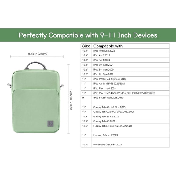 PYAN-9-11 Inch Tablet Sleeve Bag Carrying Case with Shoulder Strap for iPad (A16) 11", iPad 10th Gen 10.9" Air 5/4, i-Pad Air/Pro 11", i-Pad 9/8/7th 10.2", Galaxy Tab A9+ Plus 11", Dark Green