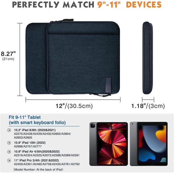 PYAN-9-11 Inch Tablet Sleeve Bag Carrying Case with Storage Pockets Fits New 11-inch iPad Air M4 2026/iPad Pro M5, iPad Pro/A16 11, iPad Air 5/4th 10.9, iPad 9/8th 10.2, Tab S8/S9 11, Indigo