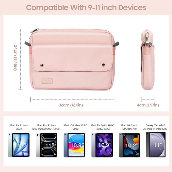 PYAN-9-11 Inch Tablet Sleeve Bag with Shoulder Strap Fits iPad 11-inch A16 2025, iPad 10th Gen. 10.9"/10.2", iPad Air 11/5th/4th Gen. 10.9", Galaxy Tab A9 Plus 11", Pink