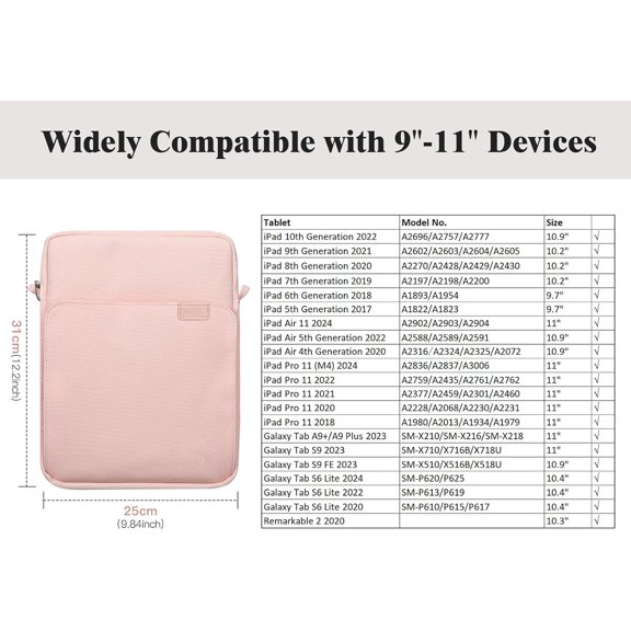 PYAN-9-11 Inch Tablet Sleeve Bag with Shoulder Strap for iPad 11-inch A16 2025, iPad 10th Gen. 10.9"/10.2", Galaxy Tab A9+/A11Plus 11", Pink