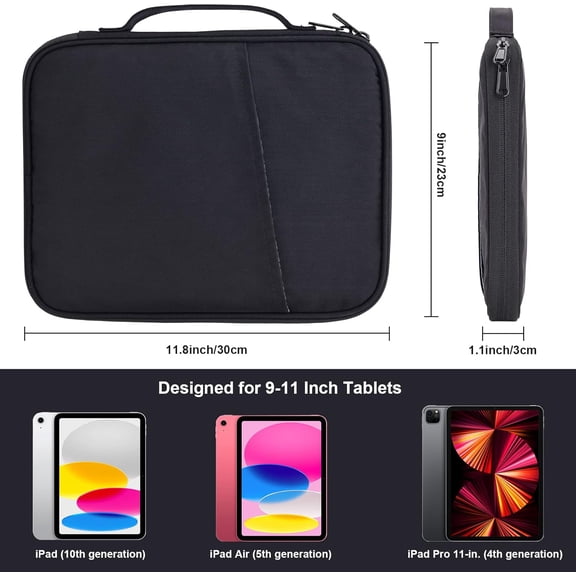 PYAN-9-11 Inch iPad Carrying Case, Padded Travel Tablet Sleeve Bag for iPad Pro 11-in (M4), iPad 10.9 (10th Gen), iPad Air 11-in (M2), Galaxy Tab S9/S8 (Black-11)