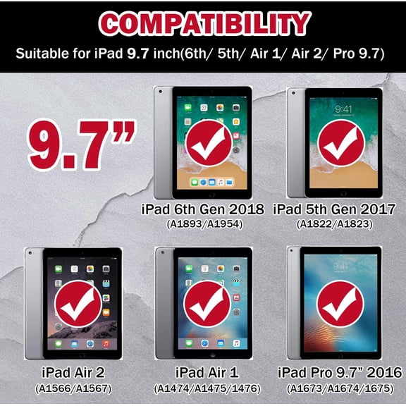 PYAN-9.7" Case for iPad 6th/5th Generation 2018/2017, for iPad Air 2 / Air 1st / Pro 9.7, Heavy Duty Shockproof Protective 9.7 Inch Cover with Built-in Stand for i Pad 6 5 Gen (Black+Red)