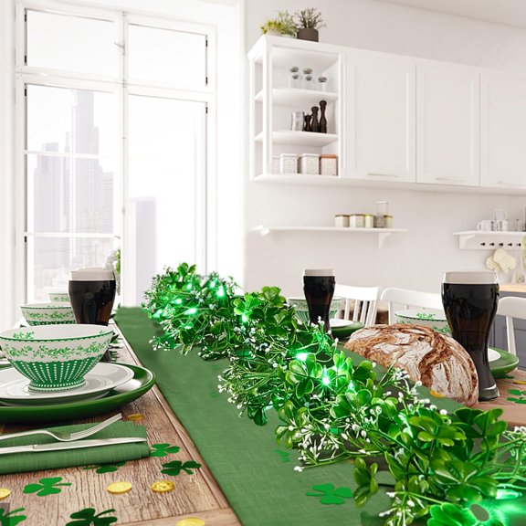PYAN-9.85 FT St Patrick's Day Garland with 50 LED Green Lights, Battery Operated Irish Garland Lights with 8 Lighting Modes & Waterproof for Home, Porch, Front Door, Table, Mantle Dcor, 1Pack