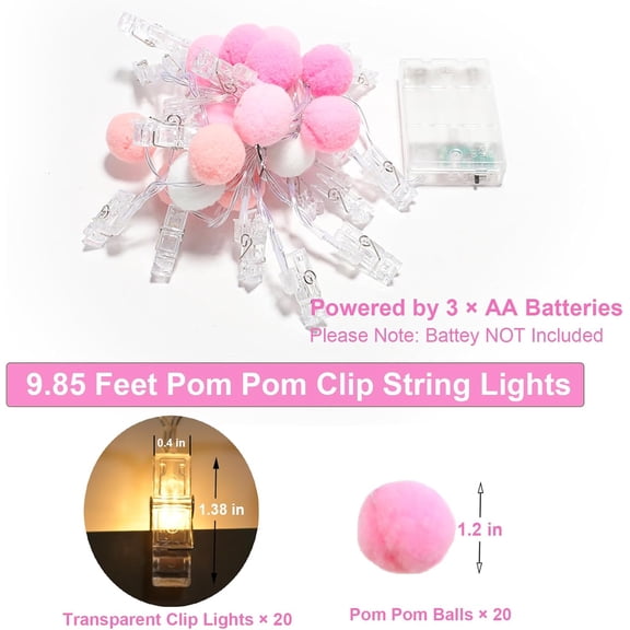 PYAN-9.85Ft Photo Clip String Lights with 20 Cute Pompoms 20 LED Clear Clips Fairy Lights for Hanging Pictures Photo Lights with Timer Ideal Gifts for Dorm Bedroom Wall Decor Party Wedding Home Decor