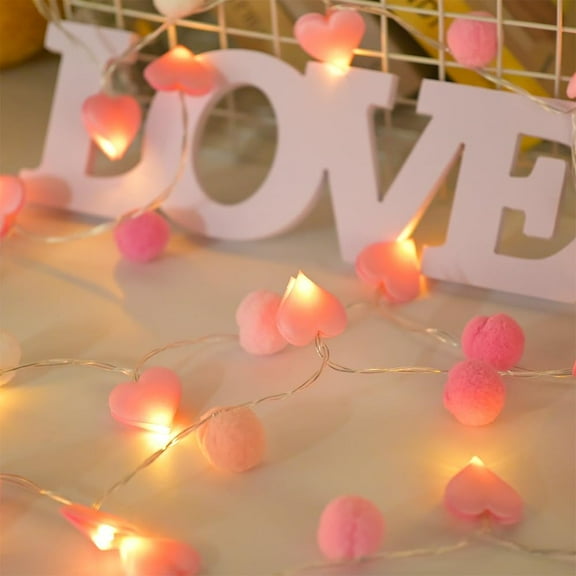 PYAN-9.85Ft String Lights with 20 Pink Heart LEDs 20 Pink Pom Poms Garland Lights with Timer Valentine Decoration for Home Kid Bedroom Mother's Day Wedding Party Valentine's Day Decor