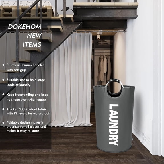 PYAN-90L Large Laundry Basket, Collapsible Laundry Bag, Freestanding Tall Clothes Hamper, Foldable Washing Bin (Dark Grey)