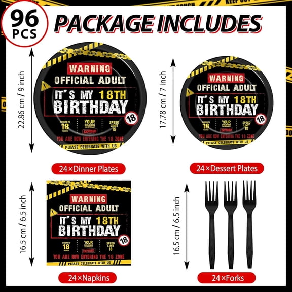 PYAN-96 PCS Caution Logos 18th Birthday Party Paper Plates and Napkins 18 Years Old Party Decoration Warning Themed Official Adult 18th Dinnerware for Boys Girls 18 Year Old Birthday Gatherings Decor