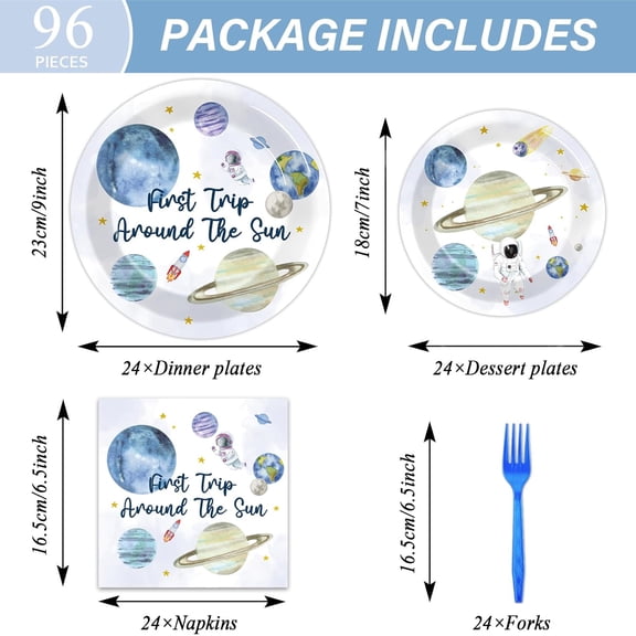 PYAN-96 PCS First Trip Around The Sun Birthday Party Decorations Outer Space Themed Decorations 1st Space Birthday Dinner Paper Plates Boho Solar System Napkins Forks Sun Theme Party Favors Supplies