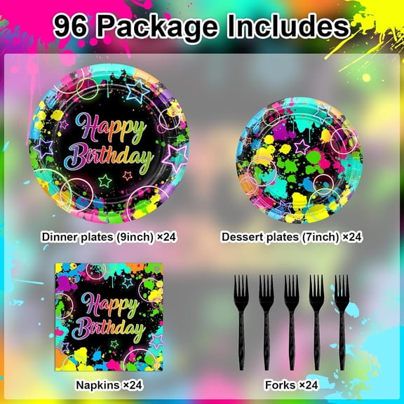PYAN-96 PCS Neon Birthday Party Decorations Glow Neon Happy Birthday Plates Napkins Tableware Glow in the Dark Party Supplies, Serves 24