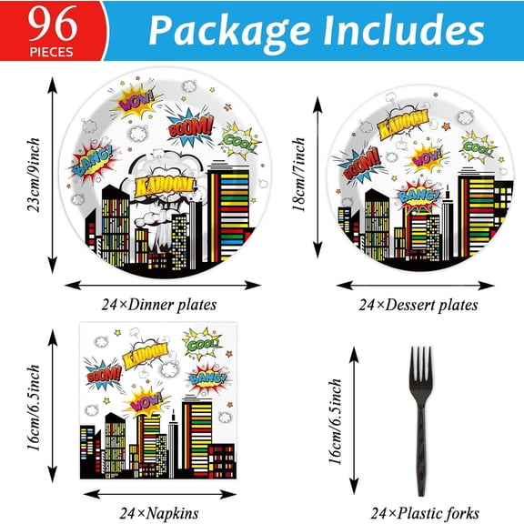 PYAN-96 PCS Super Theme Hero Party Plates Napkins Hero Themed Party Tableware Hero Action Sign Disposable Paper Plates Napkins Happy Birthday Party Decorations Supplies Favors for 24 Guests