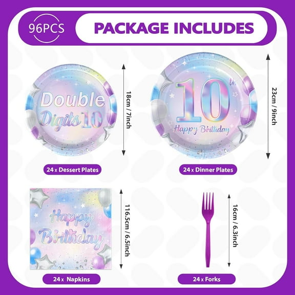PYAN-96 Pcs 10th Birthday Party Supplies Iridescent Double Digits Birthday Girl Plates and Napkins Tableware Set In My Double Digits Era Party Decor for 10 Year Old birthday Decorations Girl Boy Serv