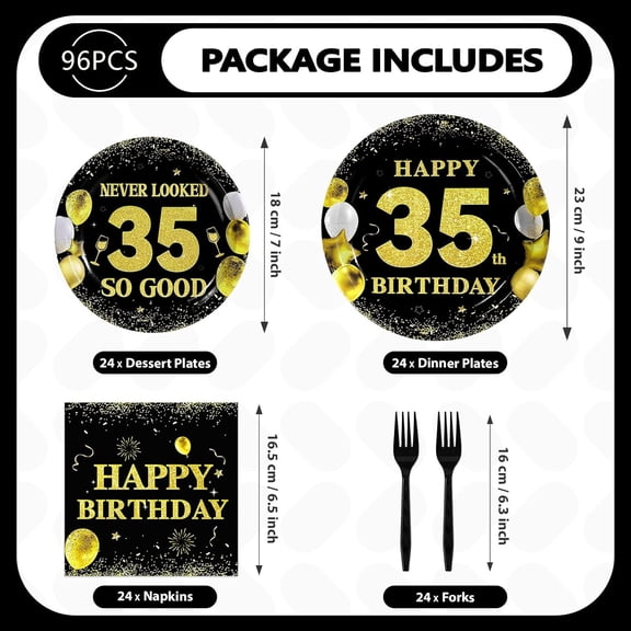PYAN-96 Pcs 35th Birthday Decorations for Men Women Black Gold 35th Birthday Party Plates Disposable 35 Paper Tableware Set for Happy 35 Year Old Party Supplies Serves 24