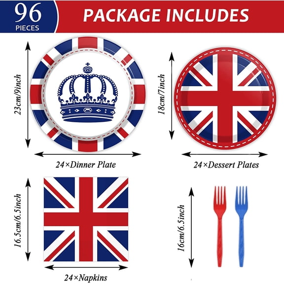 PYAN-96 Pcs Britain UK England Flag Birthday Party Paper Plate and Napkins British Flag Party Supplies Tableware Union Jack Party Decorations Paper Plate Napkin Fork for Party Favors 24 Guests