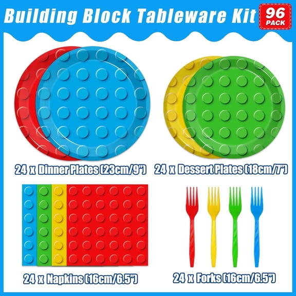PYAN-96 Pcs Building Block Party Supplies, Building Bricks Plates and Napkins Set Building Block Themed Dinnerware for Birthday Party Decorations, Serves 24