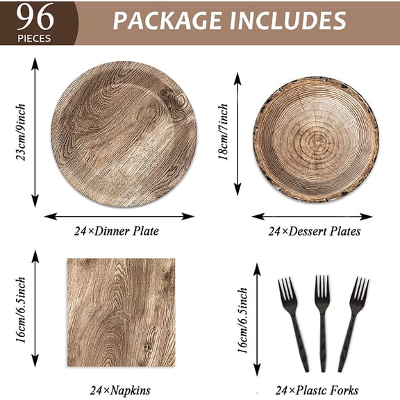 PYAN-96 Pcs Camping Wooden Tree Party Supplies Tableware Set Lumberjack Party Decorations Camp Hunting Themed Table Supplies Rustic Paper Plates Napkins Forks for 24 Guests