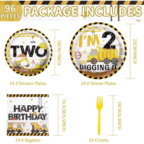 PYAN-96 Pcs Construction 2nd Birthday Party Supplies Construction Truck Plates and Napkins Tableware 350GSM Excavator Birthday Decorations Favors for Boys Tractor Dump Two Years Old, Serves 24