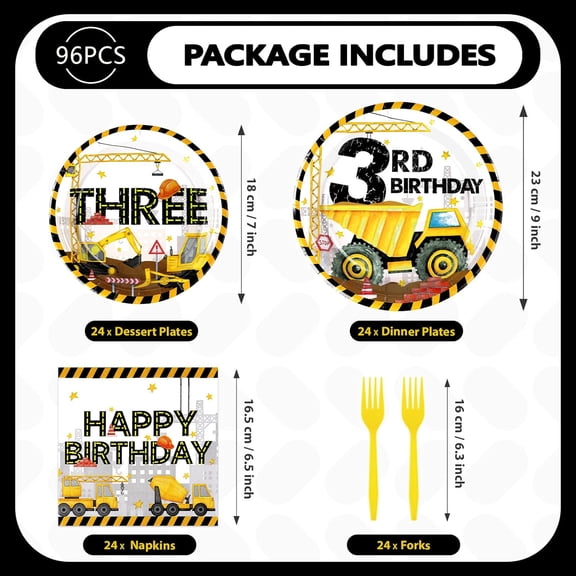 PYAN-96 Pcs Construction 3rd Birthday Party Supplies Construction Plates Napkins Forks Tableware Set Excavator 3rd Birthday Decorations for Boys Dump Truck Theme 3 Year Old birthday Decorations Serve