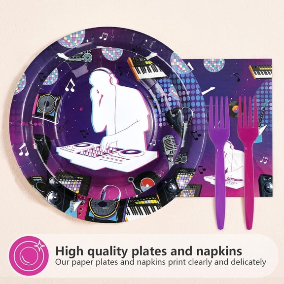 PYAN-96 Pcs DJ Birthday Party Decorations Music Themed Party Paper Plates and Napkins Rock DJ Short Video Tableware Set for Boys Girls Adults Birthday Supplies Serves 24