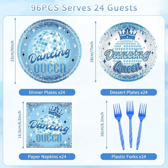 PYAN-96 Pcs Dance Queen Party Decorations, Blue Mirrorball Crown 17th Birthday Party Plates Napkins and Forks for 24 Guests, Fun Disco Tableware Set